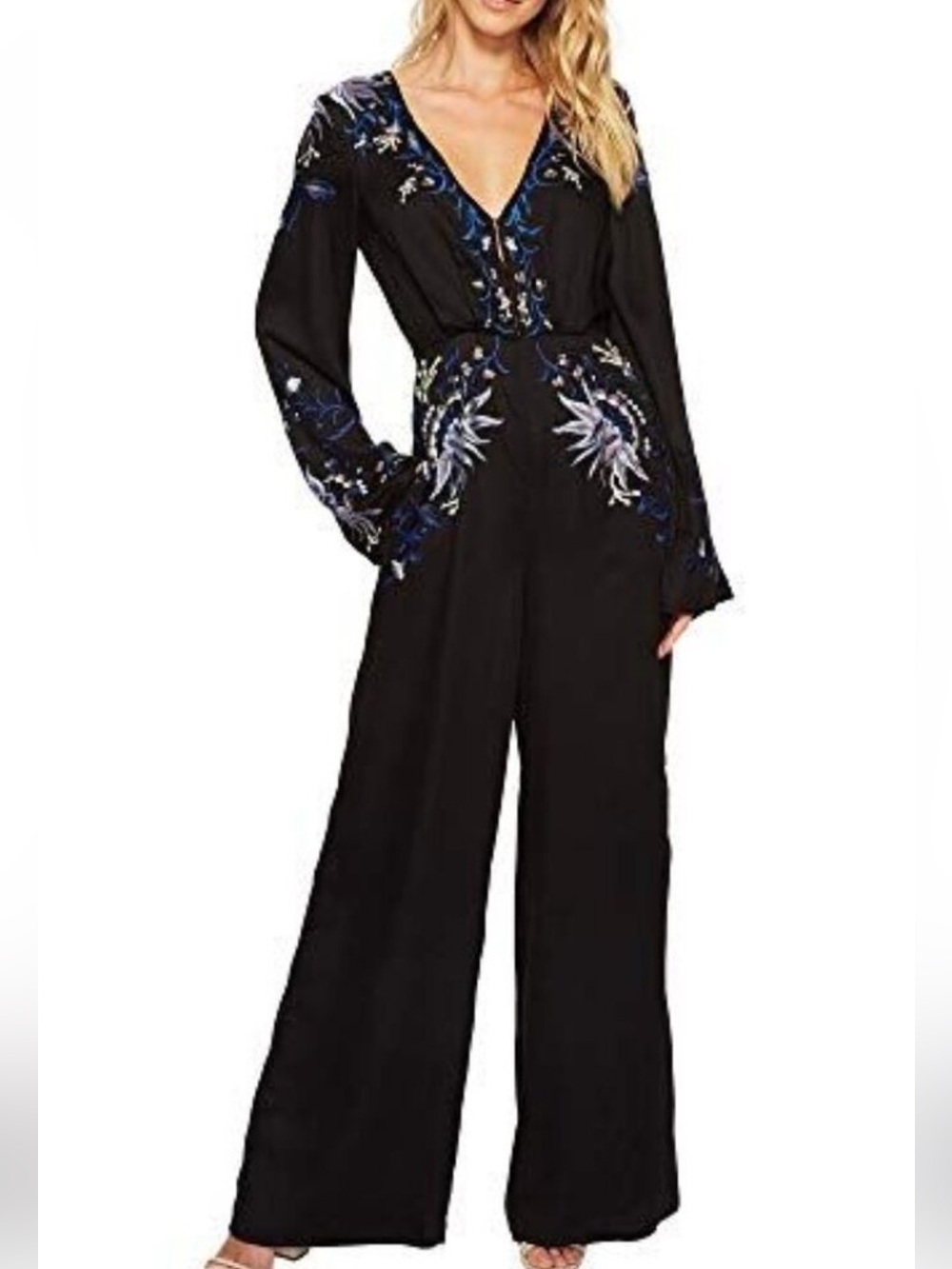 Free People Gypsy Rose Jumpsuit Black Floral Embroidered Wide Leg.